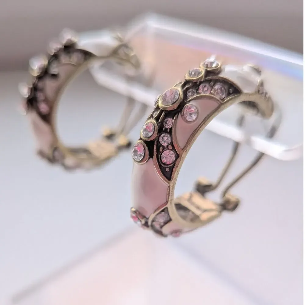 Heidi Daus Clear Crystal Rhinestone White Enamel Gold Tone Hoop Earrings